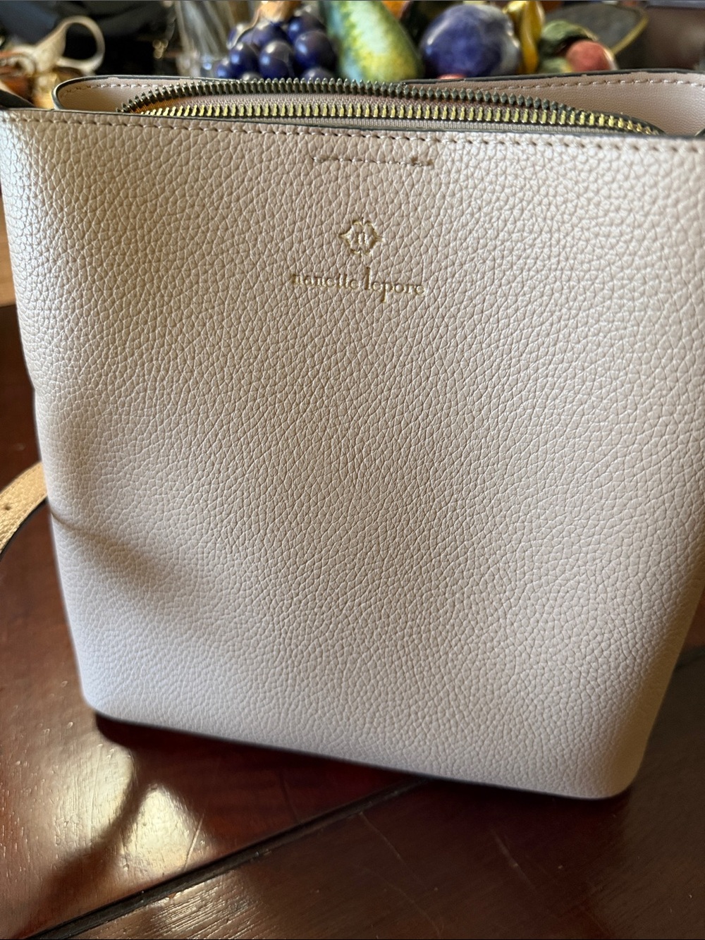 Nanette Lepore Pebbled Leather Crossbody Bucket Bag in Light Taupe!!! Open to